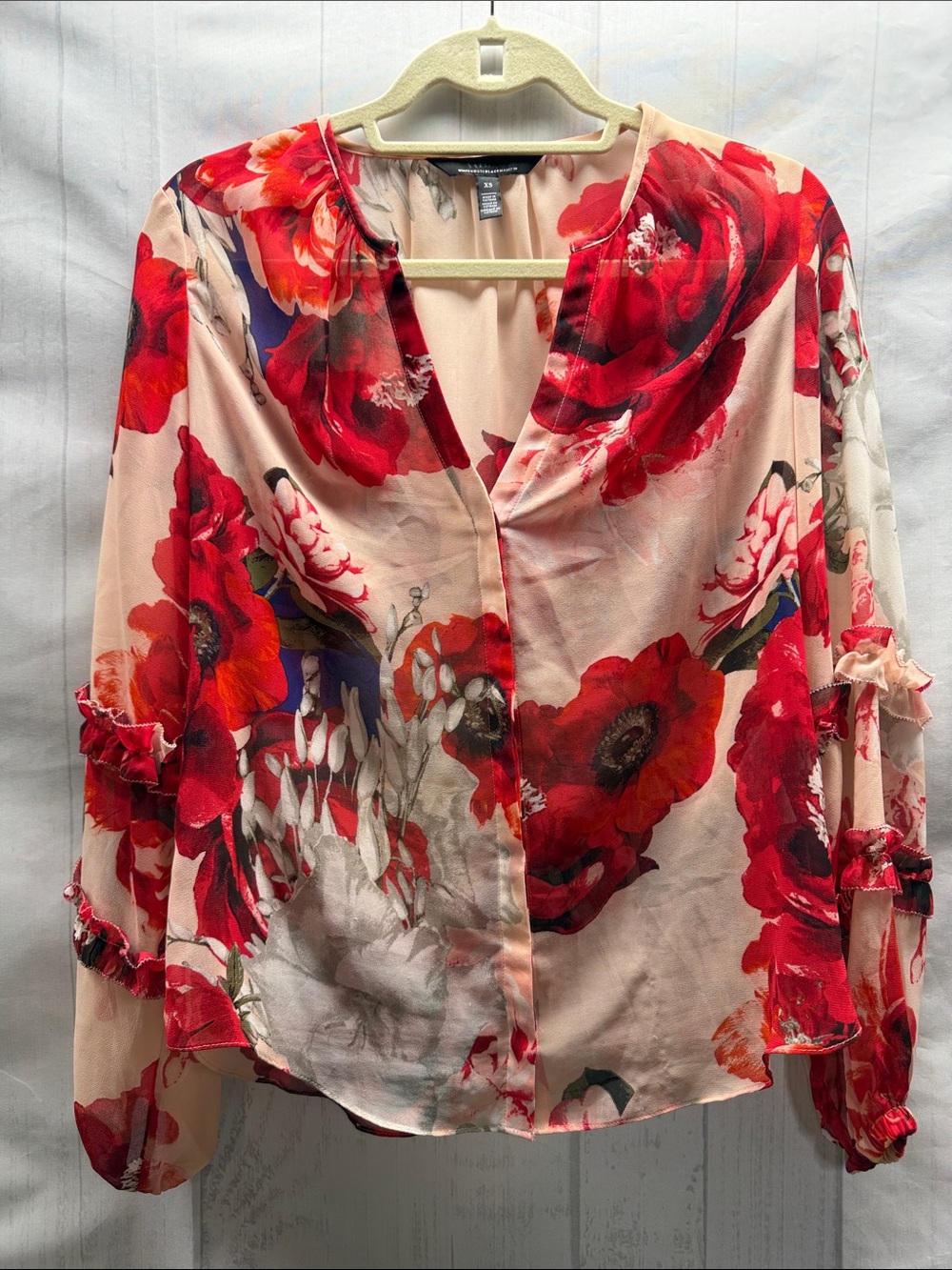 White House Black Market Rose All Holiday Floral Print Sheer Button Down Blouse - Picture 3 of 9